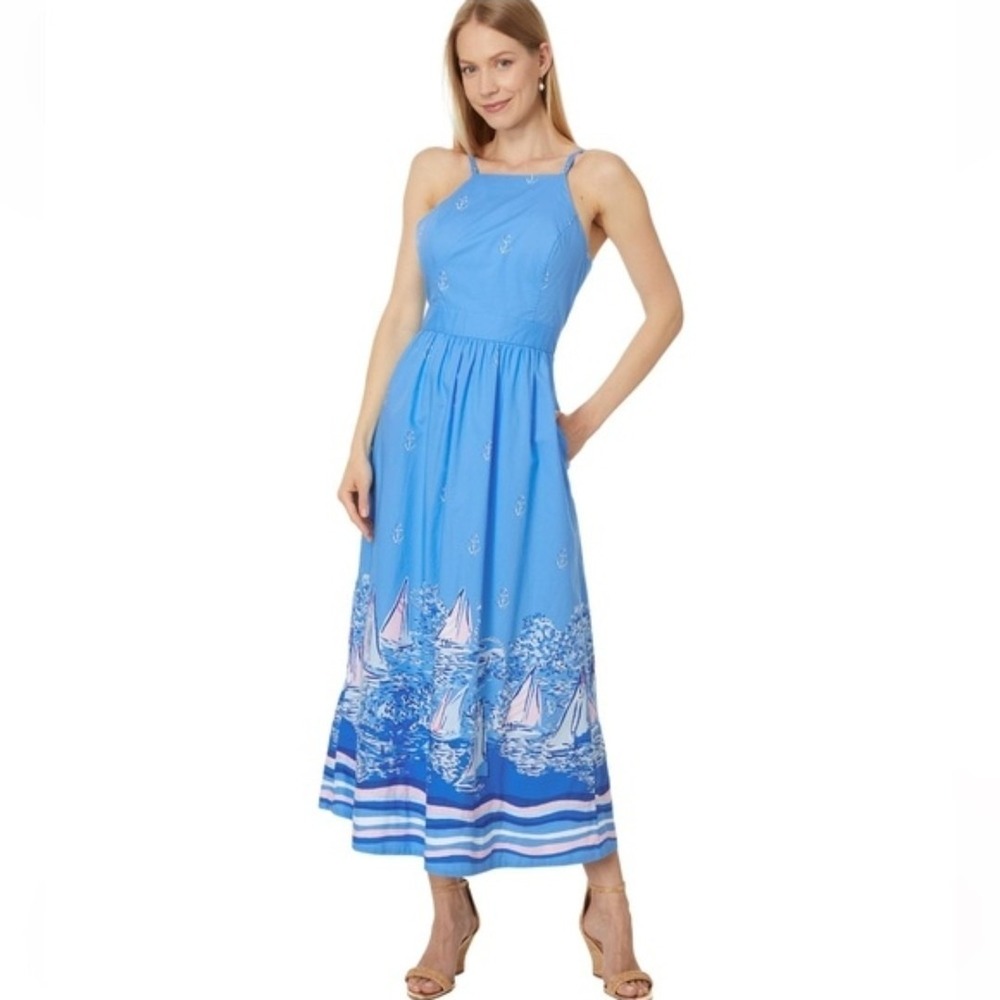 NWOT $298 Lilly Pulitzer Charlese Lunar Blue A Lil Nauti Halter Midi Dress Sz 14